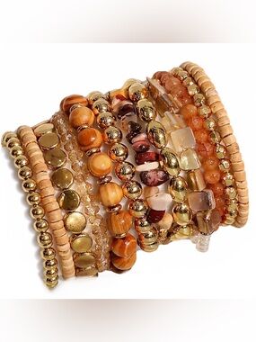 Gold & Amber Beaded Stack Bracelet Set - Women Jewelry